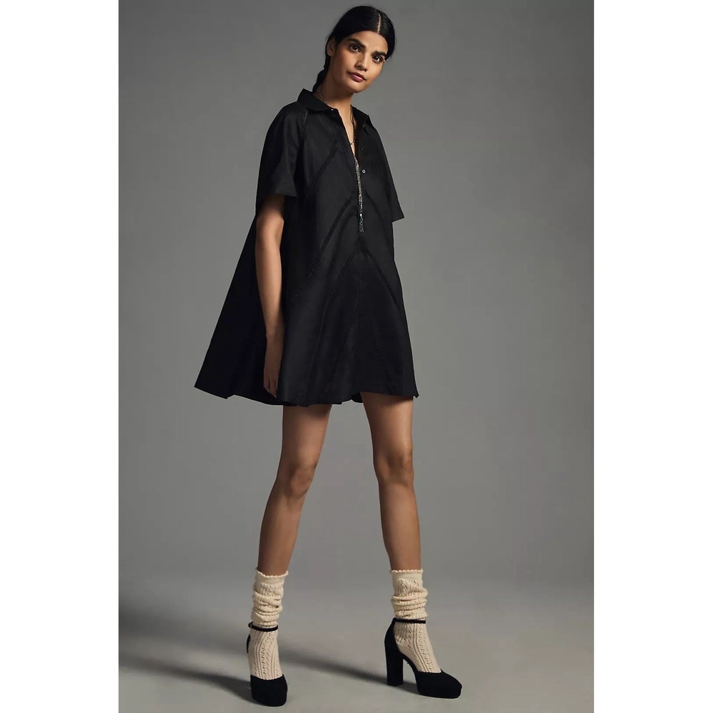 Joslin Black Linen A Line Mini Dress Sz M Minimalist Quiet Luxury Swing Capsule